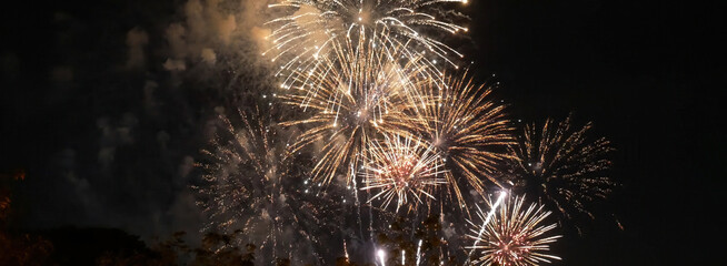 Banner Golden Firework celebrate anniversary happy new year 2025, 4th of july holiday festival. colorful gold firework celebrate national holiday. Banner new year 2025 party time with copy space