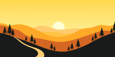 Sunset over the rolling hills and the winding road