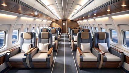 Naklejka premium Modular seating and modern design elements define the interior cabin, where natural light pours in through large