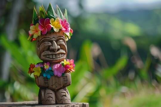 Traditional hawaiian tiki statue with a blurred green background representing tropical nature