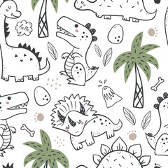 Seamless pattern with cute dinosaurs. Perfect for wallpaper, fabric, gift paper and other baby designs.