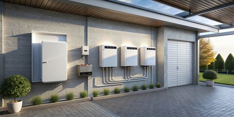 Home battery energy storage system at modern home garage wall.