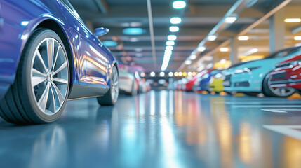 Modern cars parked in an underground parking garage with reflective floor and bright lighting, low-angle view