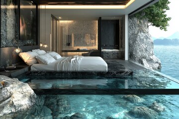Luxury hotel room with glass floor overlooking water and mountains
