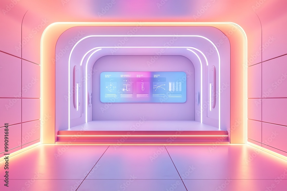 Aufkleber futuristic room with neon lights and a stage with a screen displaying data.