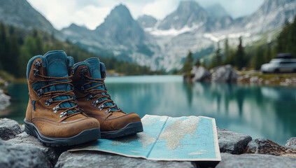 Hiking boots beside detailed map in serene mountains