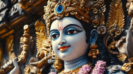 A close-up of a mural showing Krishna in a Balinese temple, surrounded by unique regional decorations and symbolism