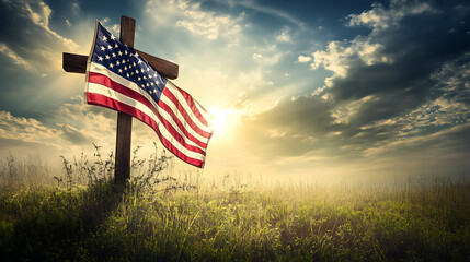 American flag draped over a cross in a field of green, with soft sunlight filtering through the clouds