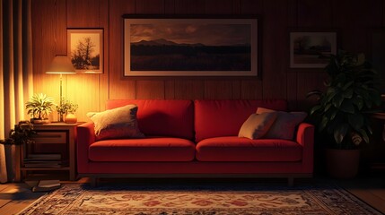 Fototapeta premium A cozy and inviting living room with a vibrant red sofa complemented by warm wood accents soft lighting and a patterned area rug that adds character and texture to the space