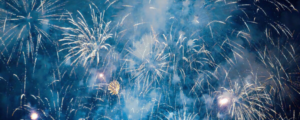 Fototapeta premium Banner blue Firework celebrate anniversary happy new year 2024, 4th of july holiday festival. Banner blue firework night celebrate national holiday. Countdown new year 2025 festival with copy space