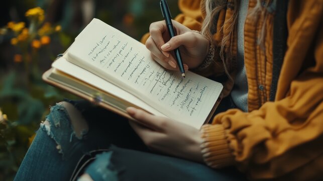 A close-up of a person journaling about their spiritual healing journey, reflecting on personal growth