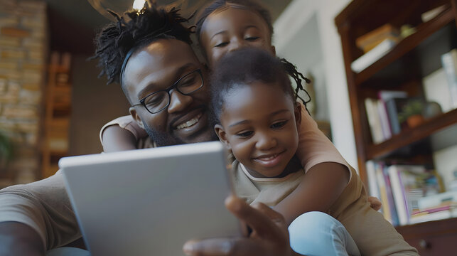 Father using digital tablet while daughter sitting on his shoulder at home. generative ai.