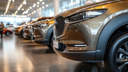 New Vehicles in a Row at Dealership Showroom. Modern Transportation and Automotive Industry.