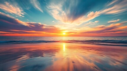 Obraz premium Breathtaking sunset over a tranquil coastal landscape with the sun sinking below the horizon and creating a dramatic sky filled with vibrant colors and wispy clouds