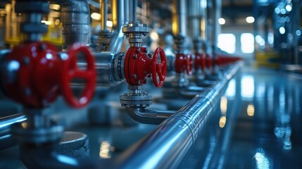 Fototapeta premium A modern network of clean and polished pipelines with red valves in an industrial setting
