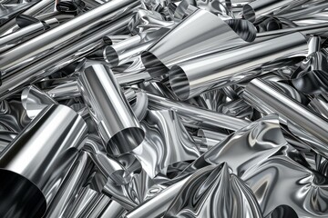 Fototapeta premium Shiny metallic tubes and sheets are piled up forming an abstract industrial background