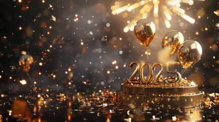 Golden 2025 Celebration with Fireworks and Glittering Balloons