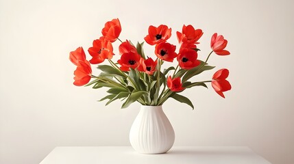 Fototapeta premium Vibrant Red Flowers Artfully Arranged in a White Vase Placed on a Pristine White Table Creating a Striking and Cheerful Visual Contrast