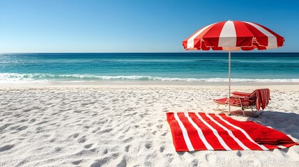 Vibrant red and white striped umbrella creating a shaded haven on a sunny beach surrounded by plush red beach towels laid out on the pristine white sand