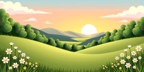 Naklejka premium Serene sunset over the rolling green hills