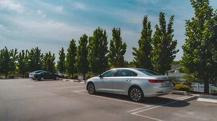 Naklejka premium Silver Sedan Parked in Empty Parking Lot
