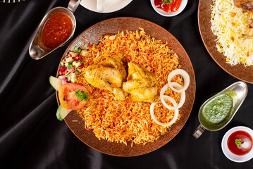 Biryani rice served with grilled chicken, sliced of onion, pickles. Serves on brown plate with gravy and sauce. Perfect for menu, catalogue, advertising or commercial use