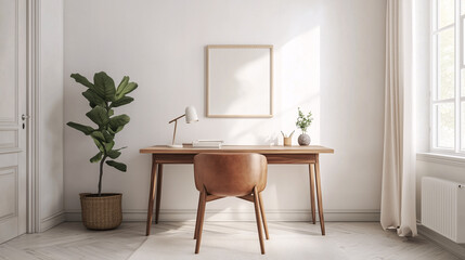 Scandinavian-inspired minimalist home office with a wooden desk, white walls, simple accessories, and a comfortable chair