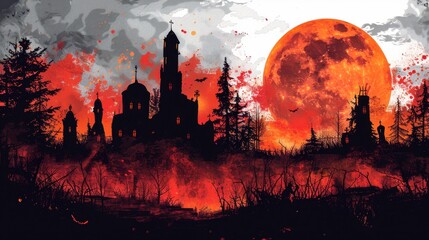 Design Pop Color silhouette illustrations of spooky Halloween Fake blood in various activities ,with bold lines and simple design, placed on a white background 