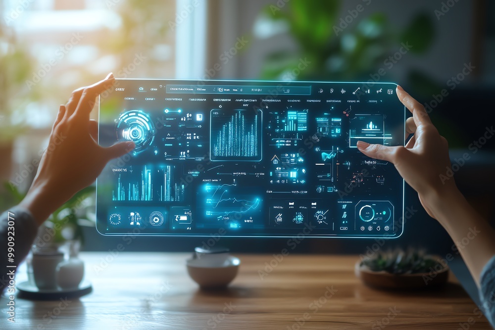 Poster hands holding a transparent screen with various data and information displayed.
