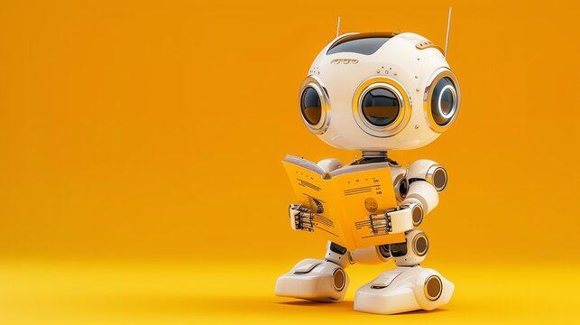 A white robot reading a book on a yellow background.