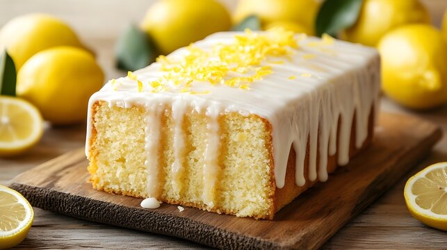 Beautifully sliced lemon cake topped with fragrant lemon zest and a drizzle of sweet icing set on a rustic wooden table with fresh lemons in the background creating a mouthwatering culinary scene