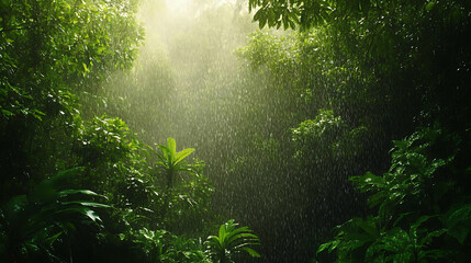 Fototapeta premium Lush green landscape with rain gently falling on a forest or garden, emphasizing the freshness of nature
