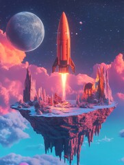 Fototapeta premium A rocket launching into space from a floating island surrounded by vibrant clouds and a distant planet.