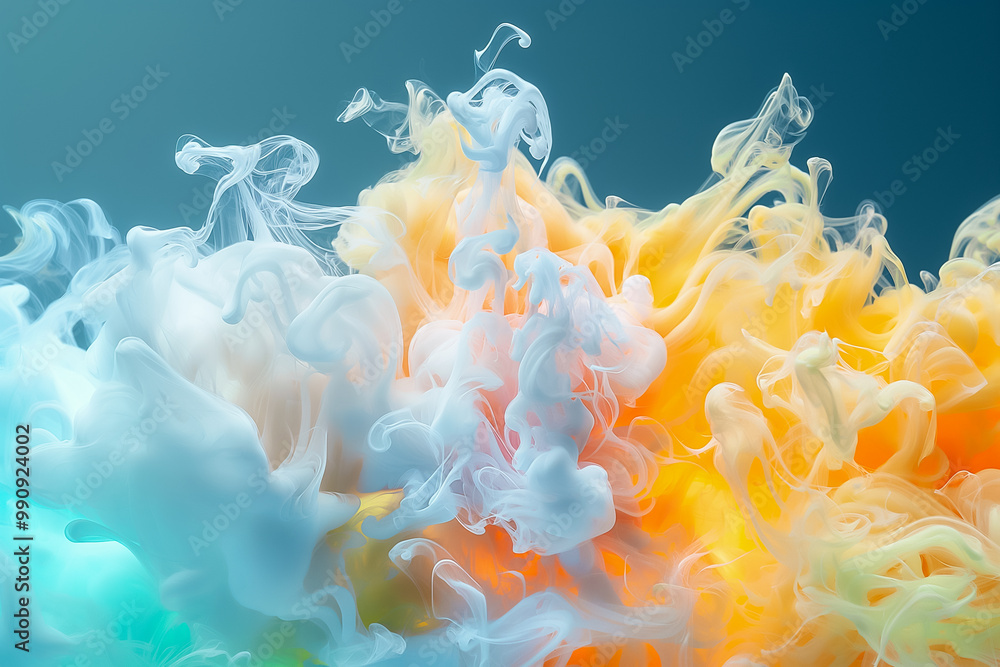 Poster the backdrop showcases dynamic swirls of blue, yellow, and orange blending seamlessly, creating an a