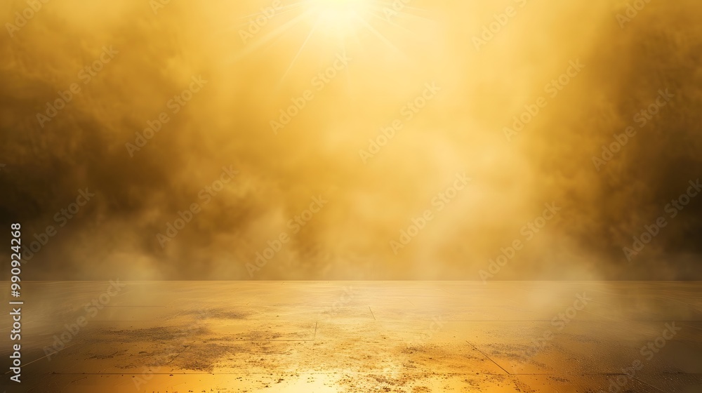 Poster gold background with a spotlight, fog in the center of the frame, and an empty floor.