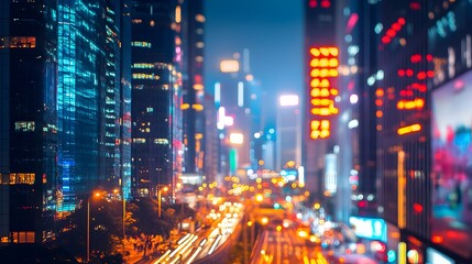Fototapeta premium Mesmerizing photograph showcasing the captivating night cityscape with a dazzling display of bokeh lights emanating from the street lamps and buildings
