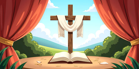 Cross with a draped cloth and a book