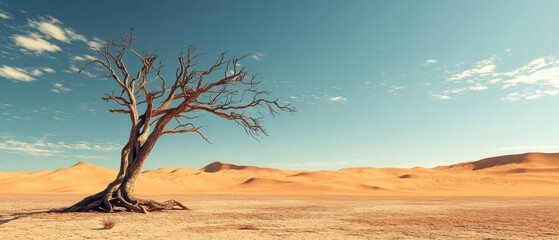 A solitary dead tree stands against a vast desert landscape under a clear blue sky.