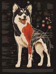 an educational poster for World Rabies Day showing the anatomy of a dog and the path of the rabies virus, with detailed diagrams and labels, in scientific illustration style