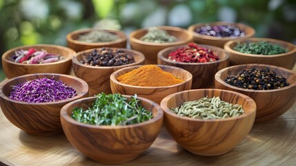 Assortment of Spices and Herbs in Wooden Bowls