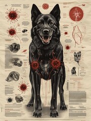 an educational poster for World Rabies Day showing the anatomy of a dog and the path of the rabies virus, with detailed diagrams and labels, in scientific illustration style