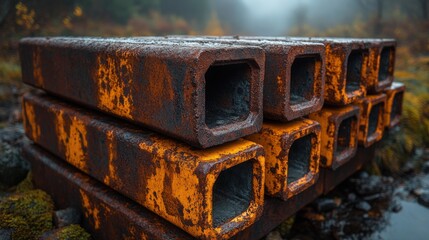Old rusty metal channels stacked in an industrial setting with a foggy background