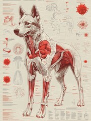 an educational poster for World Rabies Day showing the anatomy of a dog and the path of the rabies virus, with detailed diagrams and labels, in scientific illustration style