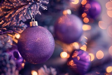Purple christmas ornaments with twinkling lights