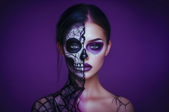 Woman with Half Skull Makeup and Glamorous Purple Face Paint