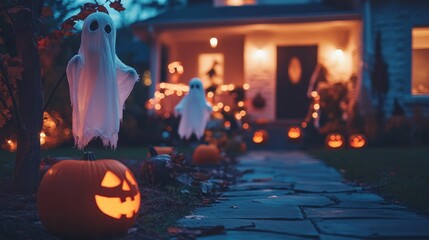 Obraz premium A spooky Halloween scene featuring ghost decorations and glowing jack-o'-lanterns lining a cozy home entrance.