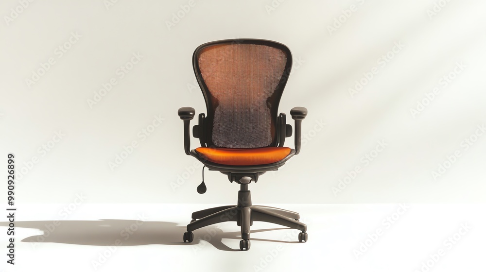 Wall mural modern orange office chair with mesh backrest on white background.