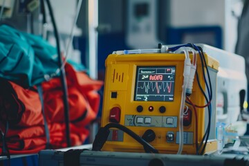 Defibrillator machine displays vital signs, ready to provide life saving treatment in a bustling emergency room setting