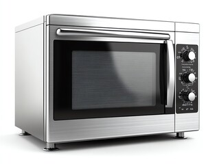 Fototapeta premium Modern stainless steel microwave oven with a black glass door and control knobs.