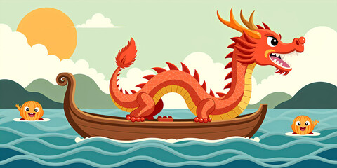 Cartoon dragon boat with an animated sea life